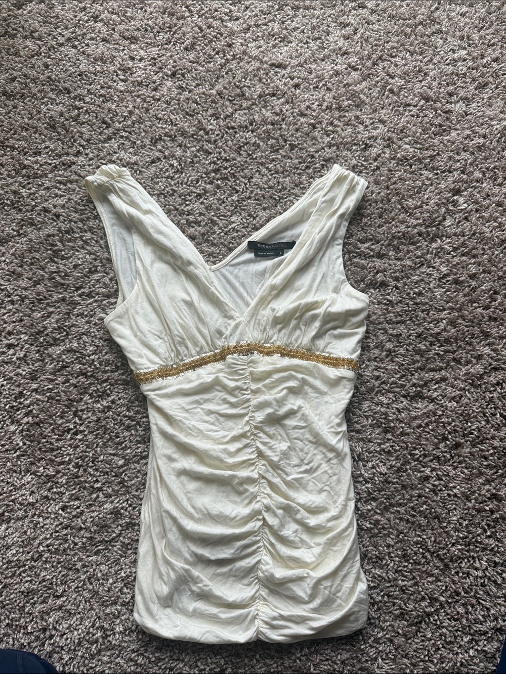 BCBGMaxAzria Ivory Ruched V-Neck Tank with Gold Accent